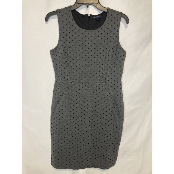 Lands End Midi Dress 8 Gray Black Polka Dot Sheath Bodycon Sleeveless Career - Picture 1 of 8